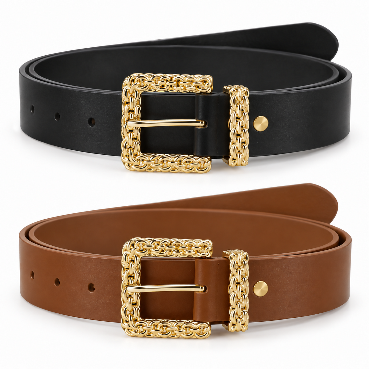 Women’s 2-Pack Belt Set with Gold-Tone Chain-Detail Buckles – Black & Cognac Brown