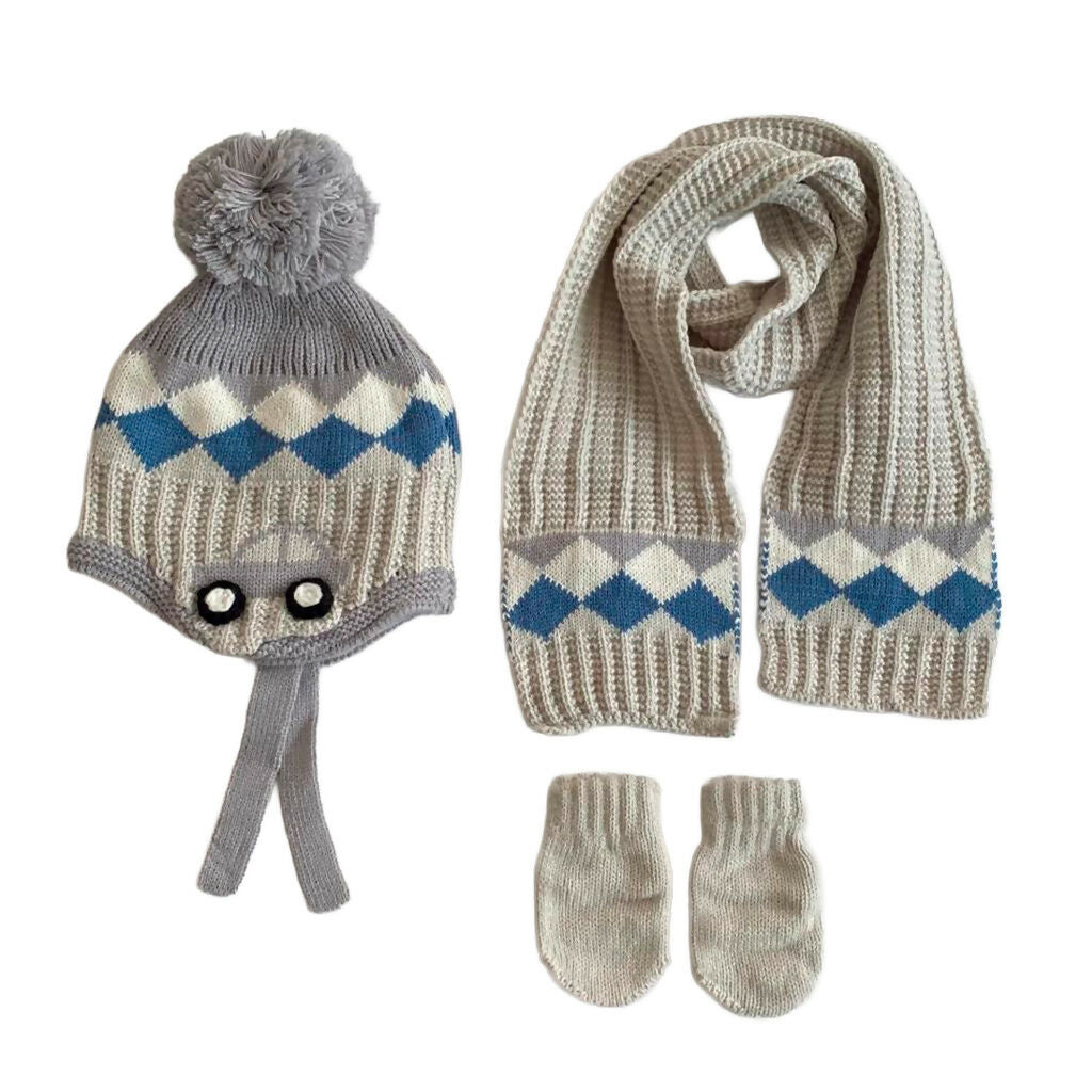 Infant KnittedWinter Beanie 3 Piece Set-Beanie-Gloves-Scarf With Earflaps For Baby Boys(0-18 Months)