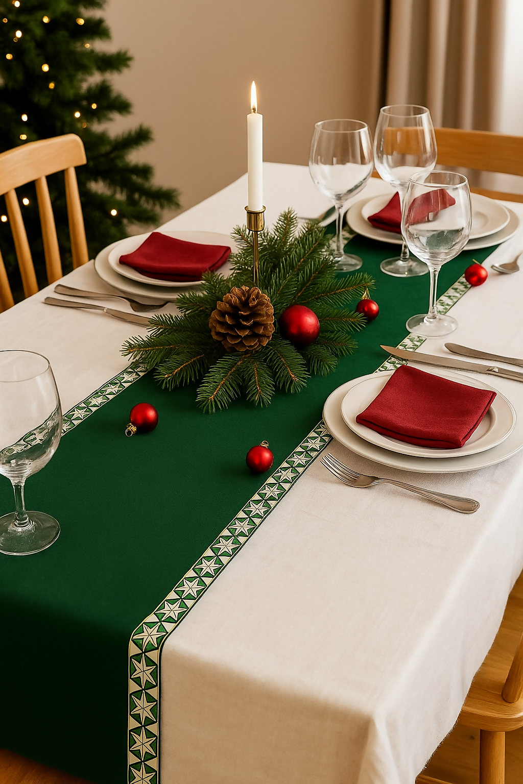 Happy New Year Green Christmas Tablecloth – Holiday Star Pattern, Festive Green Design, 155x200 cm (61x79 in)