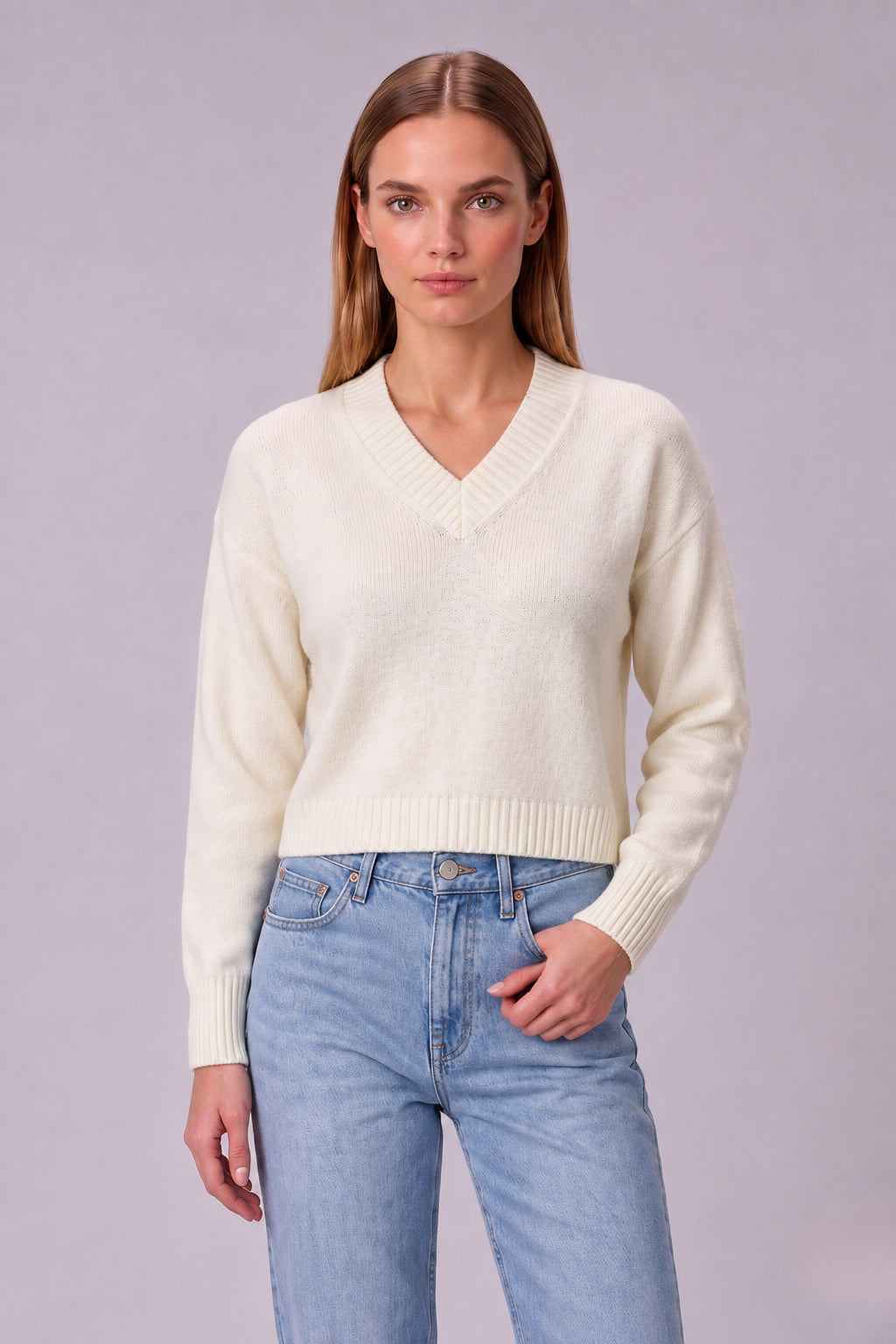 Women's V-Neck Cropped Knit Sweater – Soft Stretch Ribbed Pullover
