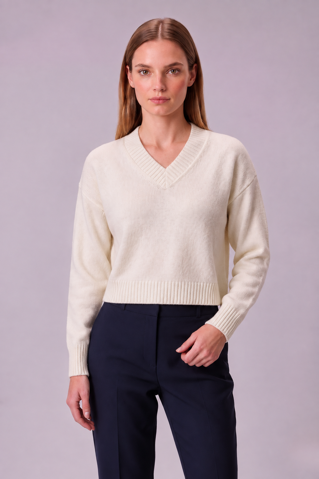 Women's V-Neck Cropped Knit Sweater – Soft Stretch Ribbed Pullover