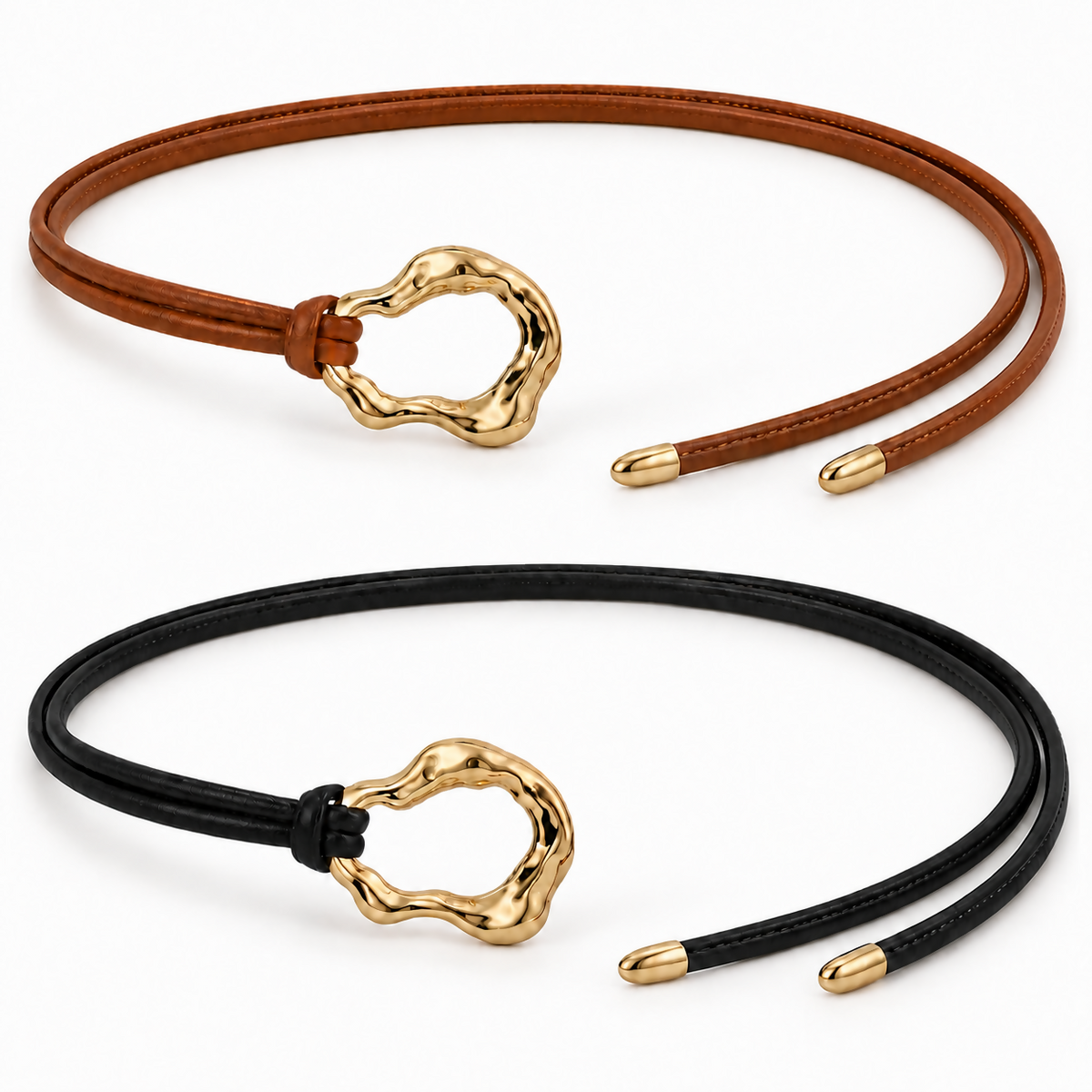 Women’s 2-Pack Skinny Wrap Belt Set with Gold-Tone Statement Rings – Black & Cognac