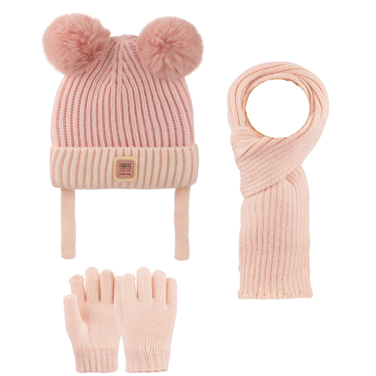 Girls Knitted Beanie 3 Piece Set-Beanie-Gloves-Scarf For Girls( 1-4 Years )