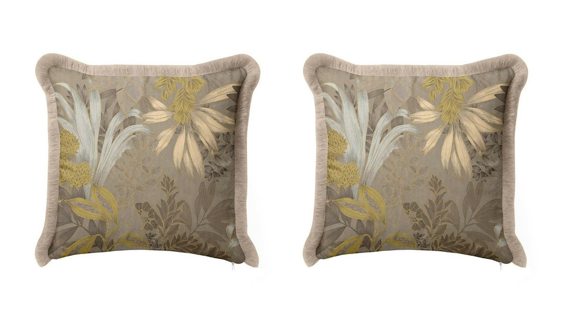 Leaf Patterned Fringed Pillow Case Set of 2 - Vintage Natural Inspired Country Beige Tasseled Throw Cushion Cover - Wear Sierra