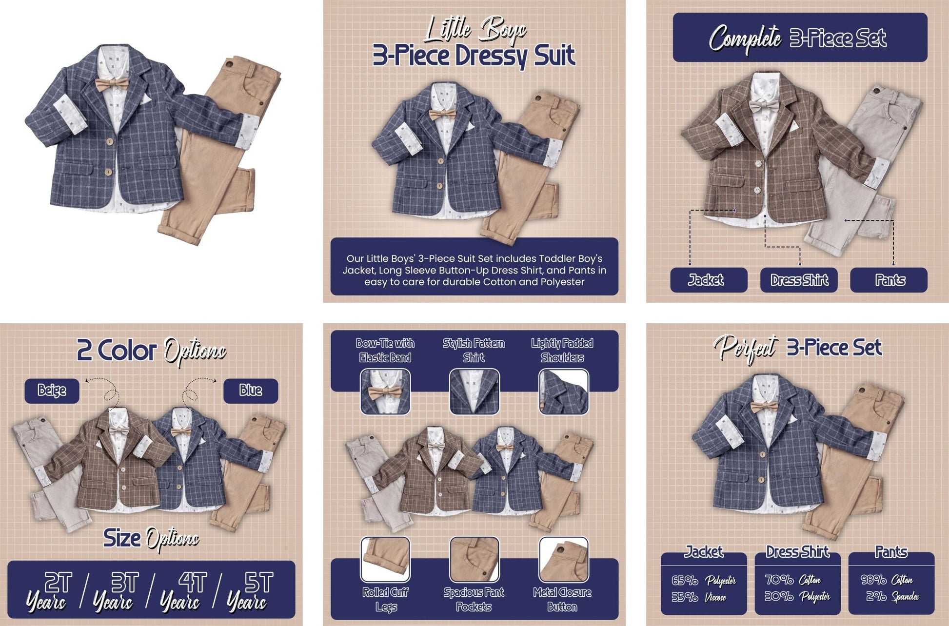 Little Boys' Jacket, Long Sleeve Button-Up Shirt and Pants 3-Piece Dressy Suit - Wear Sierra