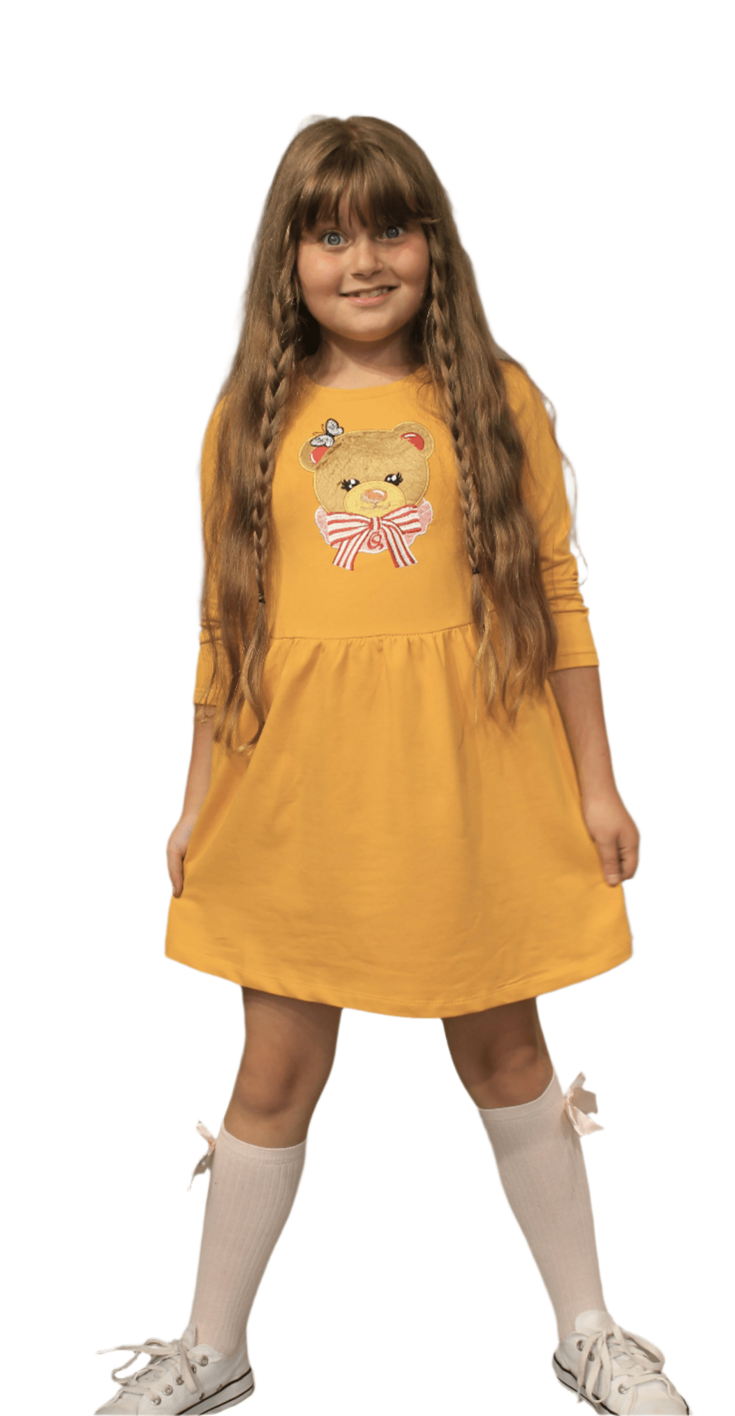 Long Sleeve Girl's Dress with Soft Fur Bear Applique - Dress with Pockets - Wear Sierra