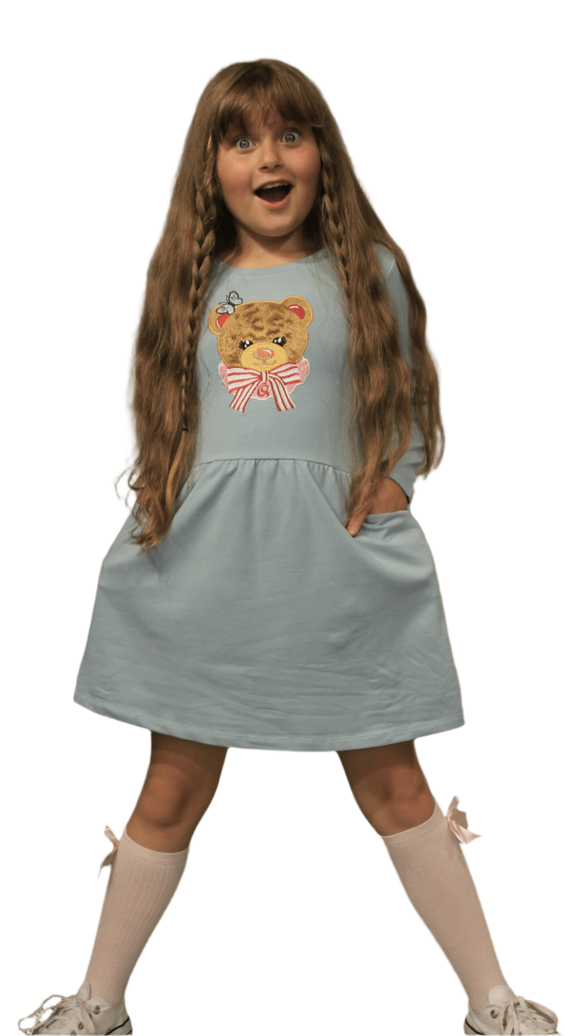 Long Sleeve Girl's Dress with Soft Fur Bear Applique - Dress with Pockets - Wear Sierra