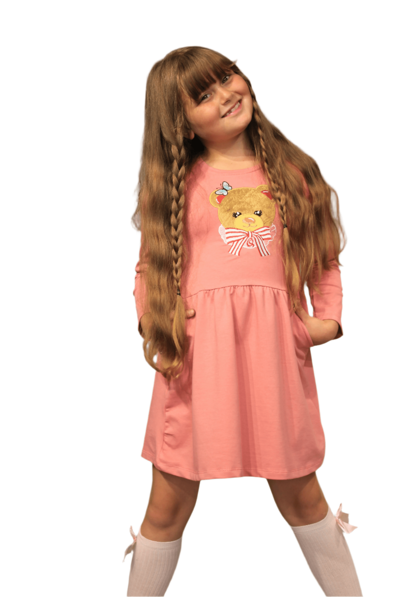 Long Sleeve Girl's Dress with Soft Fur Bear Applique - Dress with Pockets - Wear Sierra