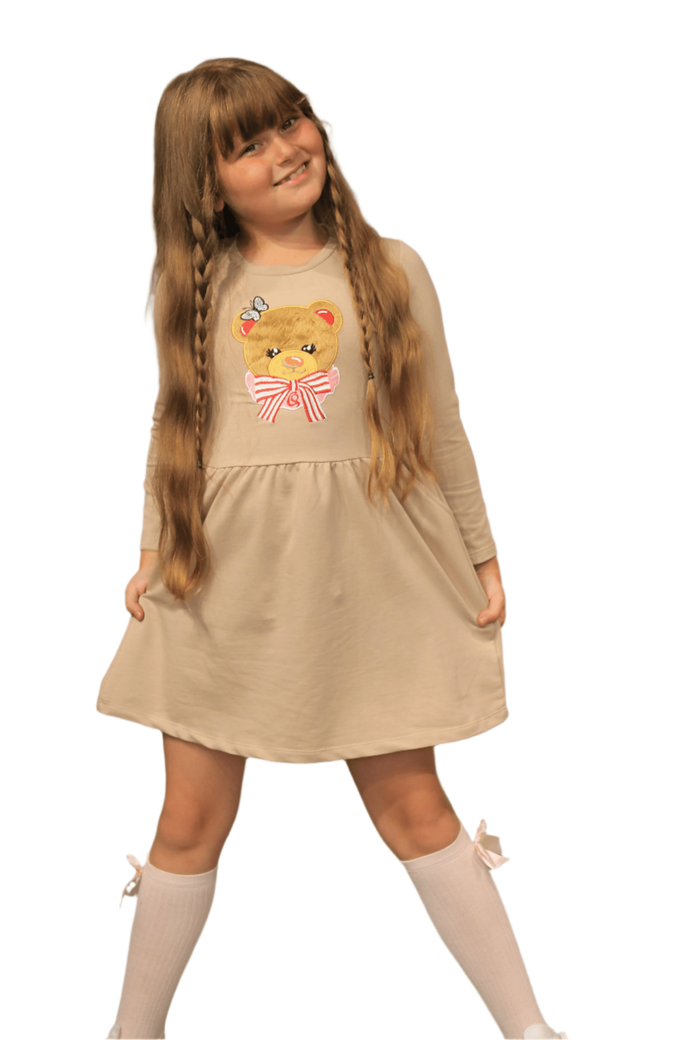 Long Sleeve Girl's Dress with Soft Fur Bear Applique - Dress with Pockets - Wear Sierra