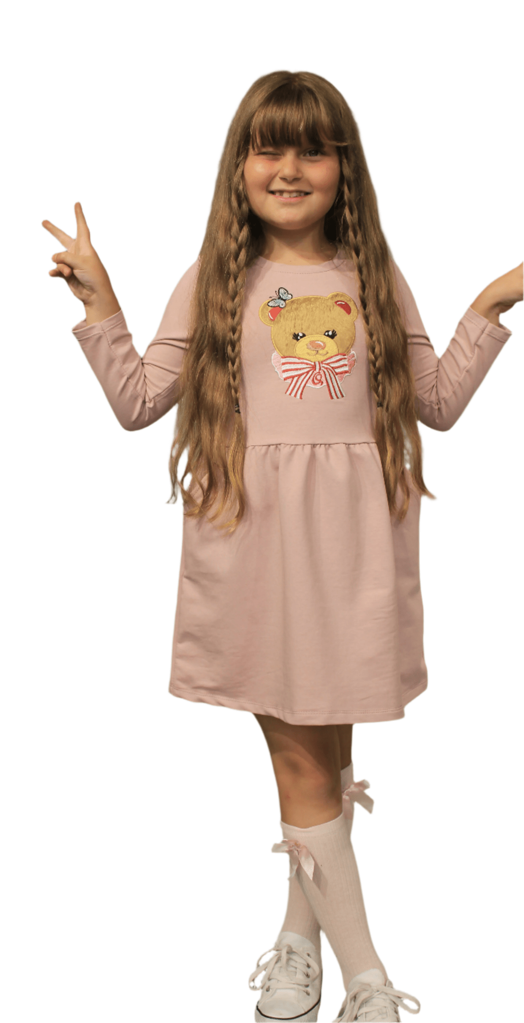 Long Sleeve Girl's Dress with Soft Fur Bear Applique - Dress with Pockets - Wear Sierra