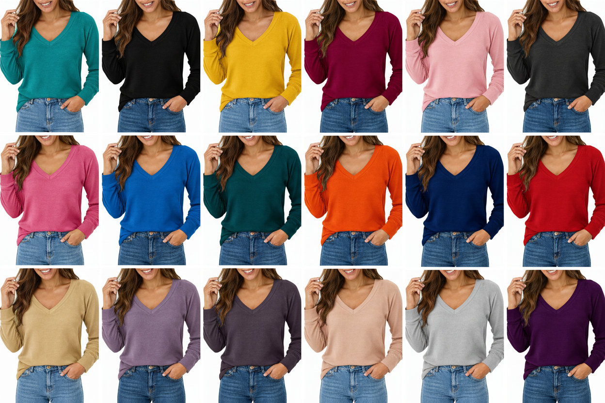 Open-Box Women's Cotton Long-Sleeve V-Neck Shirts - Clearance Tops in 3 Pack Sets in Light or Dark Colors