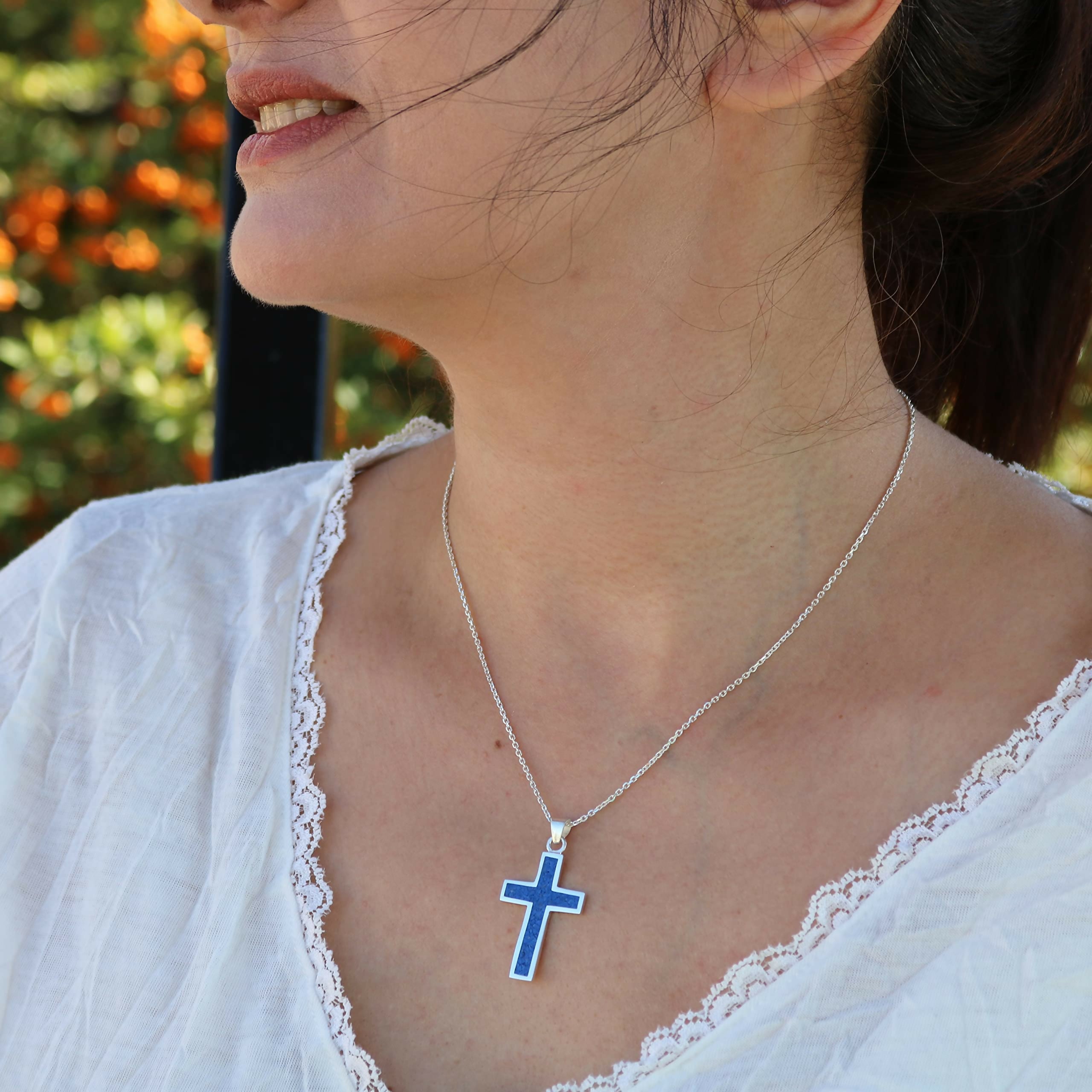 Sterling Silver .925 Navy Blue Lapis Lazuli Cross Small Handmade Pendant Necklace for Women & Men with 18+2'' Extender Chain