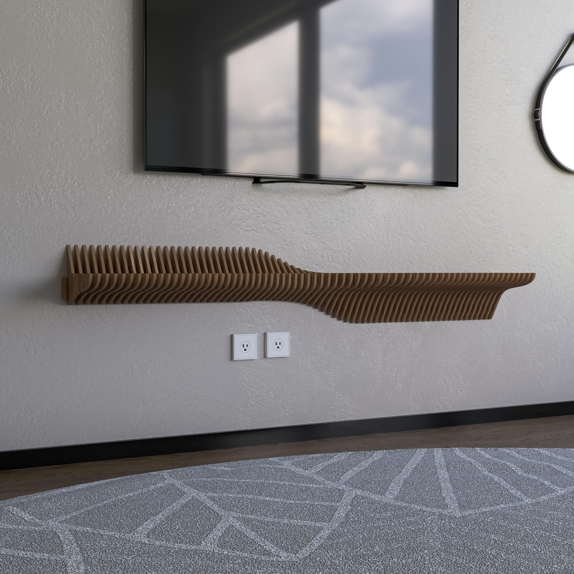 BATAMEX Parametric 60 inch Floating Shelf TV Unit Modern Geometric Wooden Wall Piece Decor Natural Oak Color 3D Wavy Living and Gaming Room Shelf