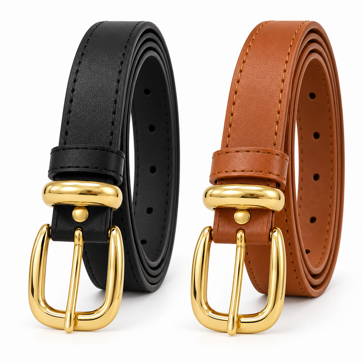 Women’s Skinny Belt Set of 2, Black & Tan, Gold-Tone Buckles