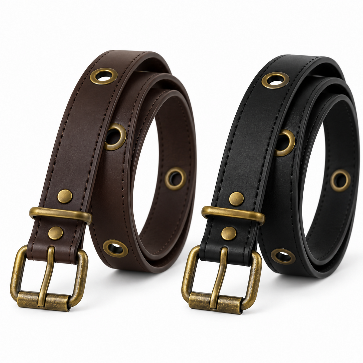 Women’s Grommet Belt Set with Antique Brass Buckles, Black & Brown (2-Pack)