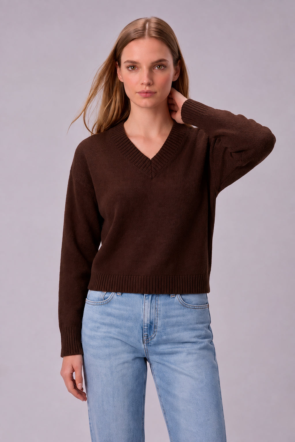 Women's V-Neck Cropped Knit Sweater – Soft Stretch Ribbed Pullover