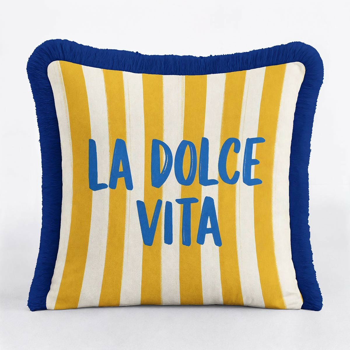 Mediterranean Coastal Luxury Fringed Cushion Cover Set of 2 – Striped Blue, Yellow, and Navy Tasselled Throw Pillow Cover - Wear Sierra