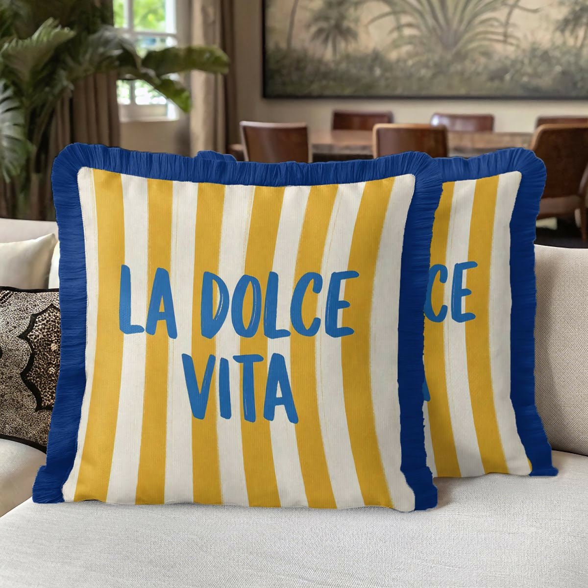 Mediterranean Coastal Luxury Fringed Cushion Cover Set of 2 – Striped Blue, Yellow, and Navy Tasselled Throw Pillow Cover - Wear Sierra