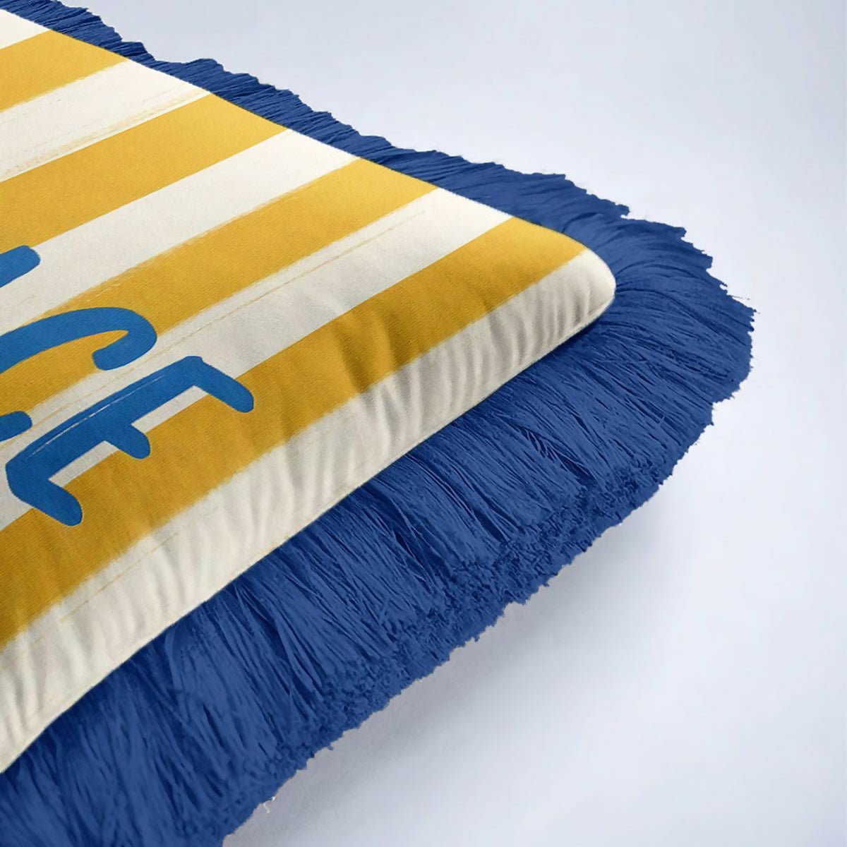 Mediterranean Coastal Luxury Fringed Cushion Cover Set of 2 – Striped Blue, Yellow, and Navy Tasselled Throw Pillow Cover - Wear Sierra