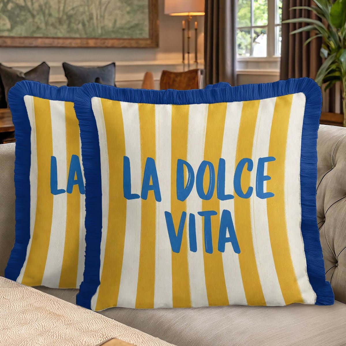 Mediterranean Coastal Luxury Fringed Cushion Cover Set of 2 – Striped Blue, Yellow, and Navy Tasselled Throw Pillow Cover - Wear Sierra