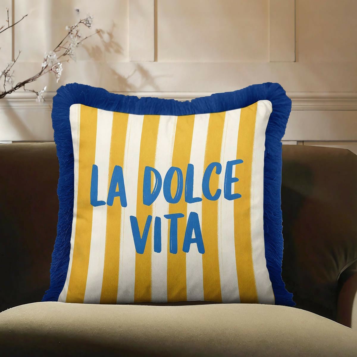 Mediterranean Coastal Luxury Fringed Cushion Cover Set of 2 – Striped Blue, Yellow, and Navy Tasselled Throw Pillow Cover - Wear Sierra