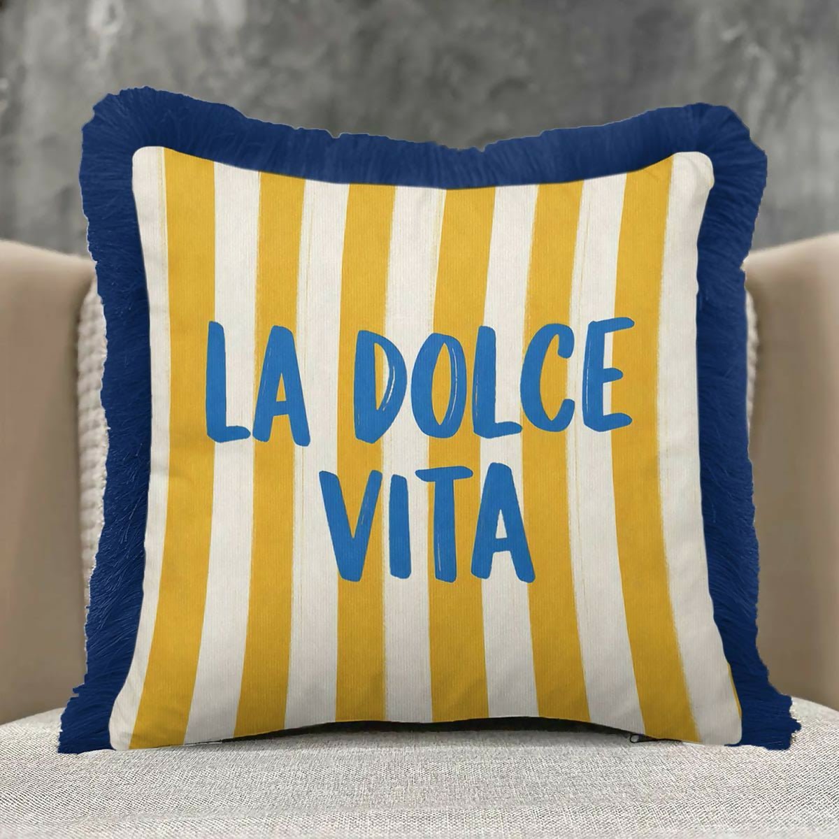 Mediterranean Coastal Luxury Fringed Cushion Cover Set of 2 – Striped Blue, Yellow, and Navy Tasselled Throw Pillow Cover - Wear Sierra
