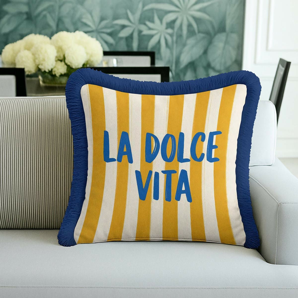 Mediterranean Coastal Luxury Fringed Cushion Cover Set of 2 – Striped Blue, Yellow, and Navy Tasselled Throw Pillow Cover - Wear Sierra