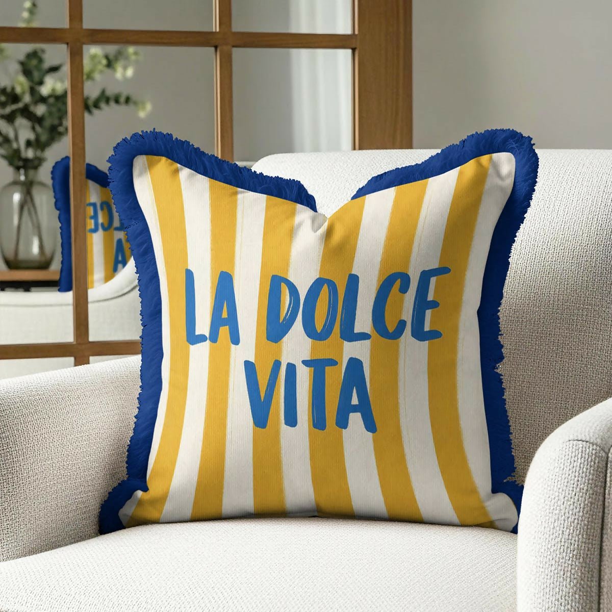 Mediterranean Coastal Luxury Fringed Cushion Cover Set of 2 – Striped Blue, Yellow, and Navy Tasselled Throw Pillow Cover - Wear Sierra