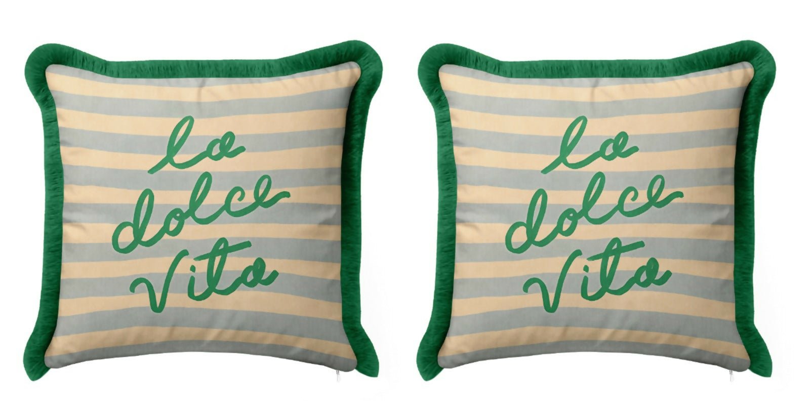 Mediterranean Coastal Luxury Fringed Cushion Cover Set of 2 – Striped Green, Yellow, and Green Tasseled Throw Pillow Covers - Wear Sierra