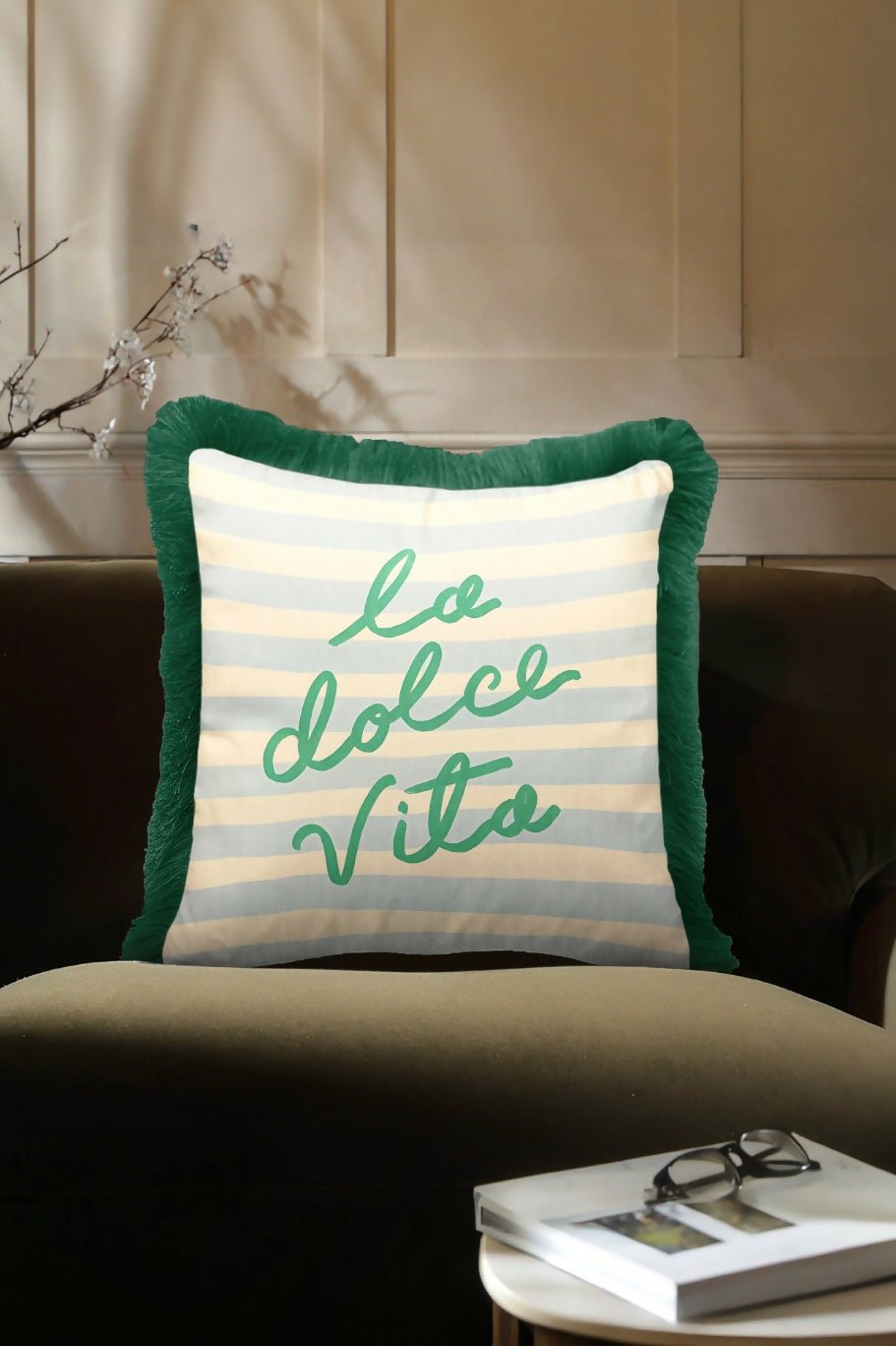 Mediterranean Coastal Luxury Fringed Cushion Cover Set of 2 – Striped Green, Yellow, and Green Tasseled Throw Pillow Covers - Wear Sierra