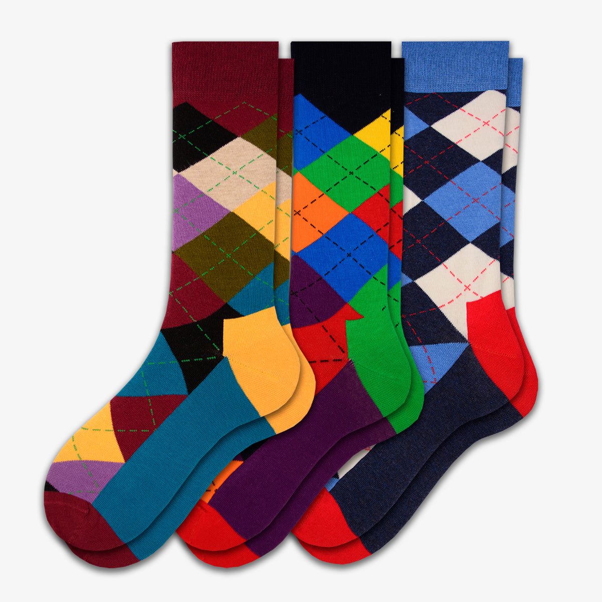 Men's Colorful Crew Socks in Combed Cotton (Argyle 3 Pair Packs) - Wear Sierra