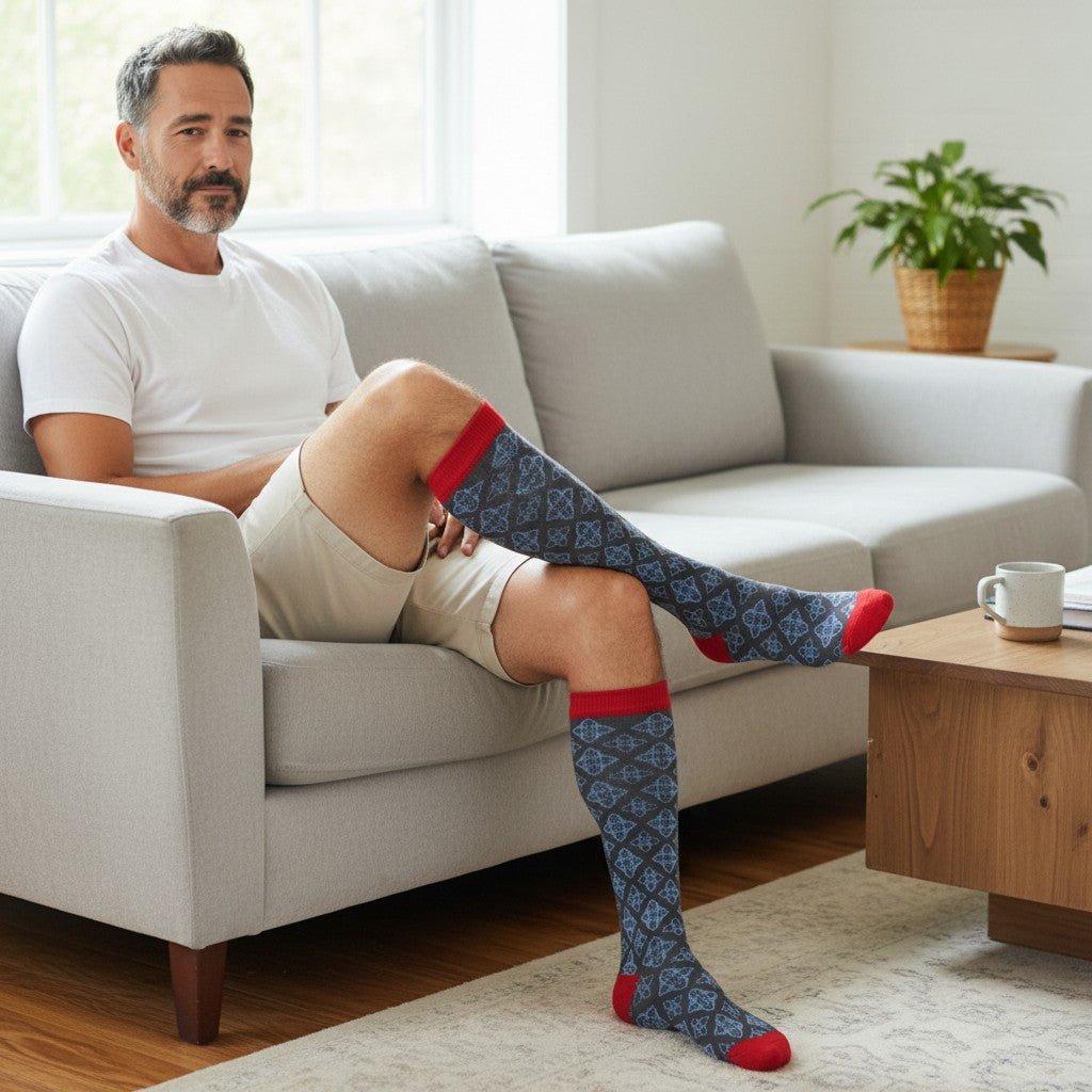 Men's Light Compression Knee High Socks - Great for Travel, Achy Tired Legs for Shoe Size 10-13 and Big & Tall Shoe Size 13-15 - Wear Sierra