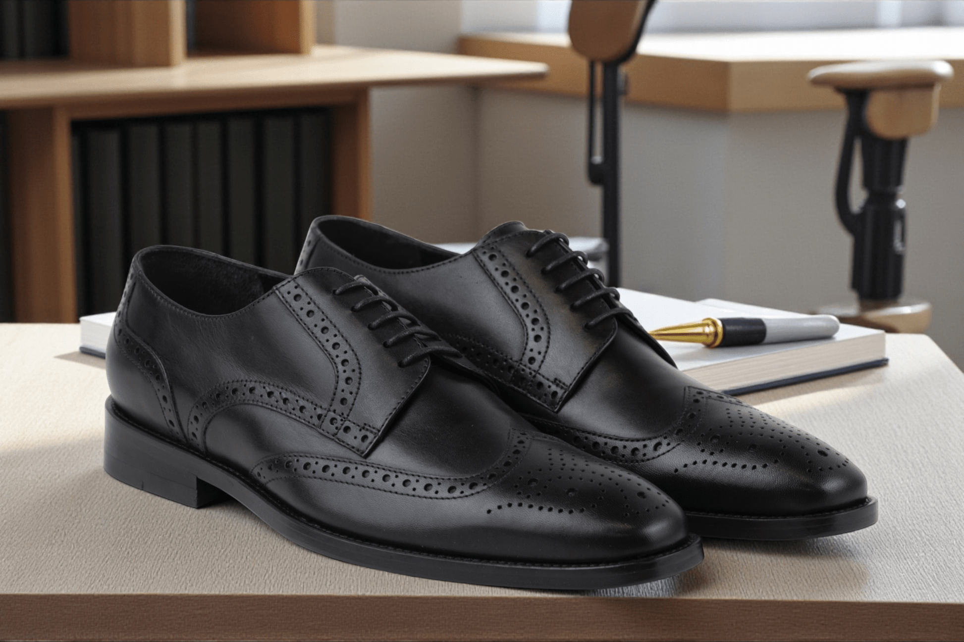 Men's Wingtip Brogue Derby Leather Dress Shoes in All Black (Philon Style) - Wear Sierra