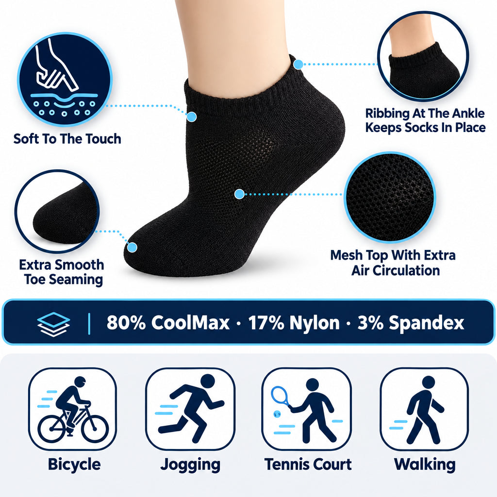 Men’s & Women’s Performance Ankle Socks – COOLMAX® Breathable Black Anklet Socks, 3-Pack - Wear Sierra