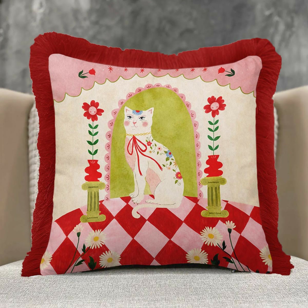 Modern Royal Cat Fringed Throw Pillow Cover Set of 2 - Wear Sierra