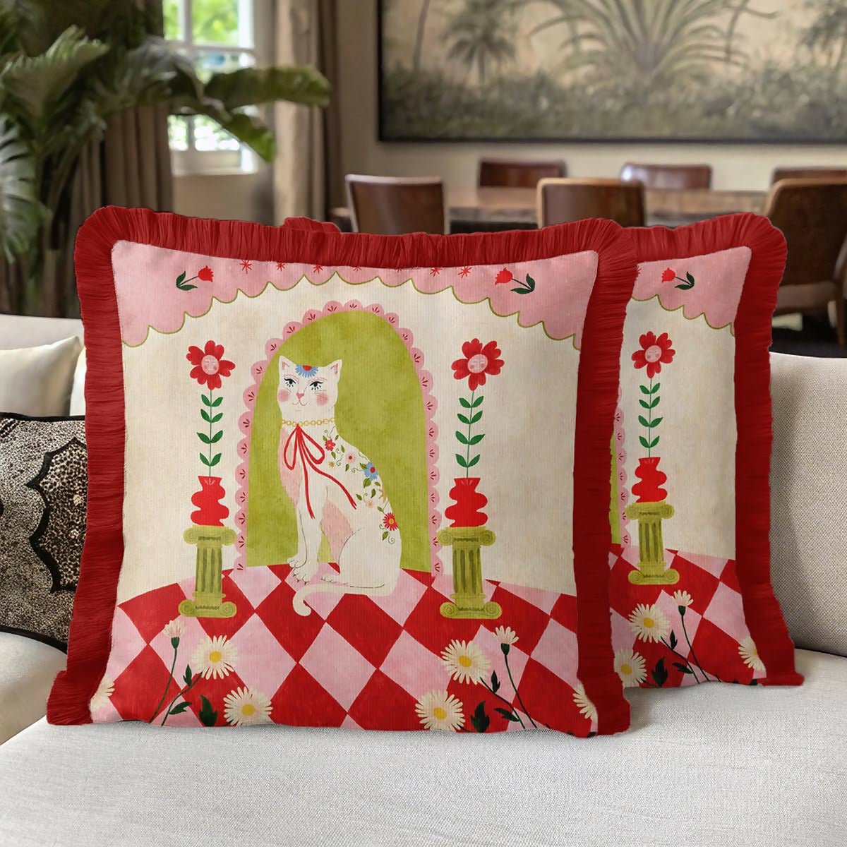 Modern Royal Cat Fringed Throw Pillow Cover Set of 2 - Wear Sierra