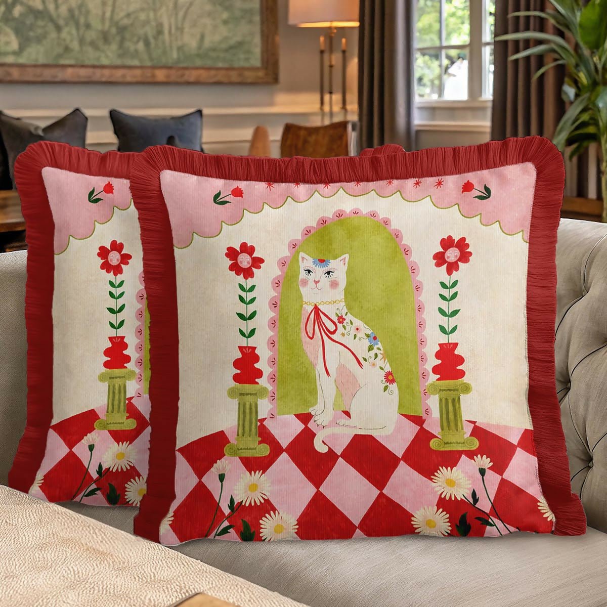 Modern Royal Cat Fringed Throw Pillow Cover Set of 2 - Wear Sierra