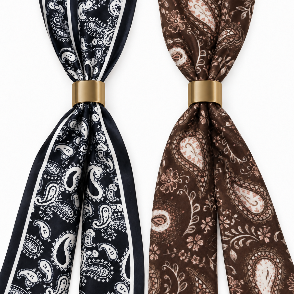 Women’s Lightweight Paisley Scarf Set with Gold-Tone Rings, 2-Pack, Black & Brown
