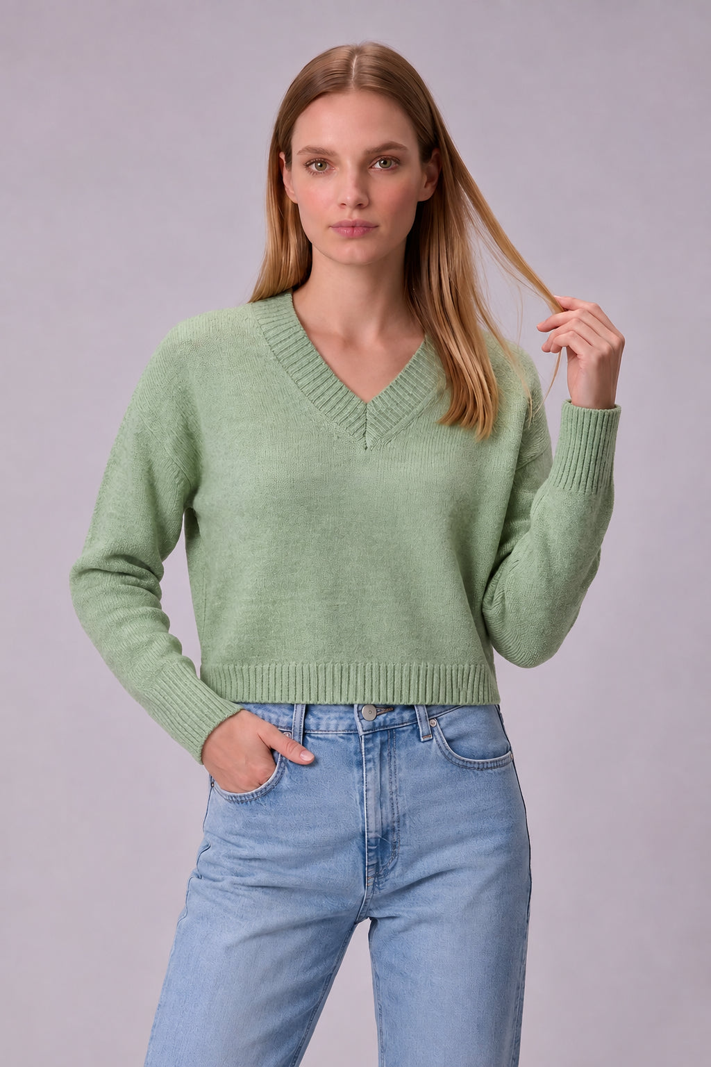 Women's V-Neck Cropped Knit Sweater – Soft Stretch Ribbed Pullover