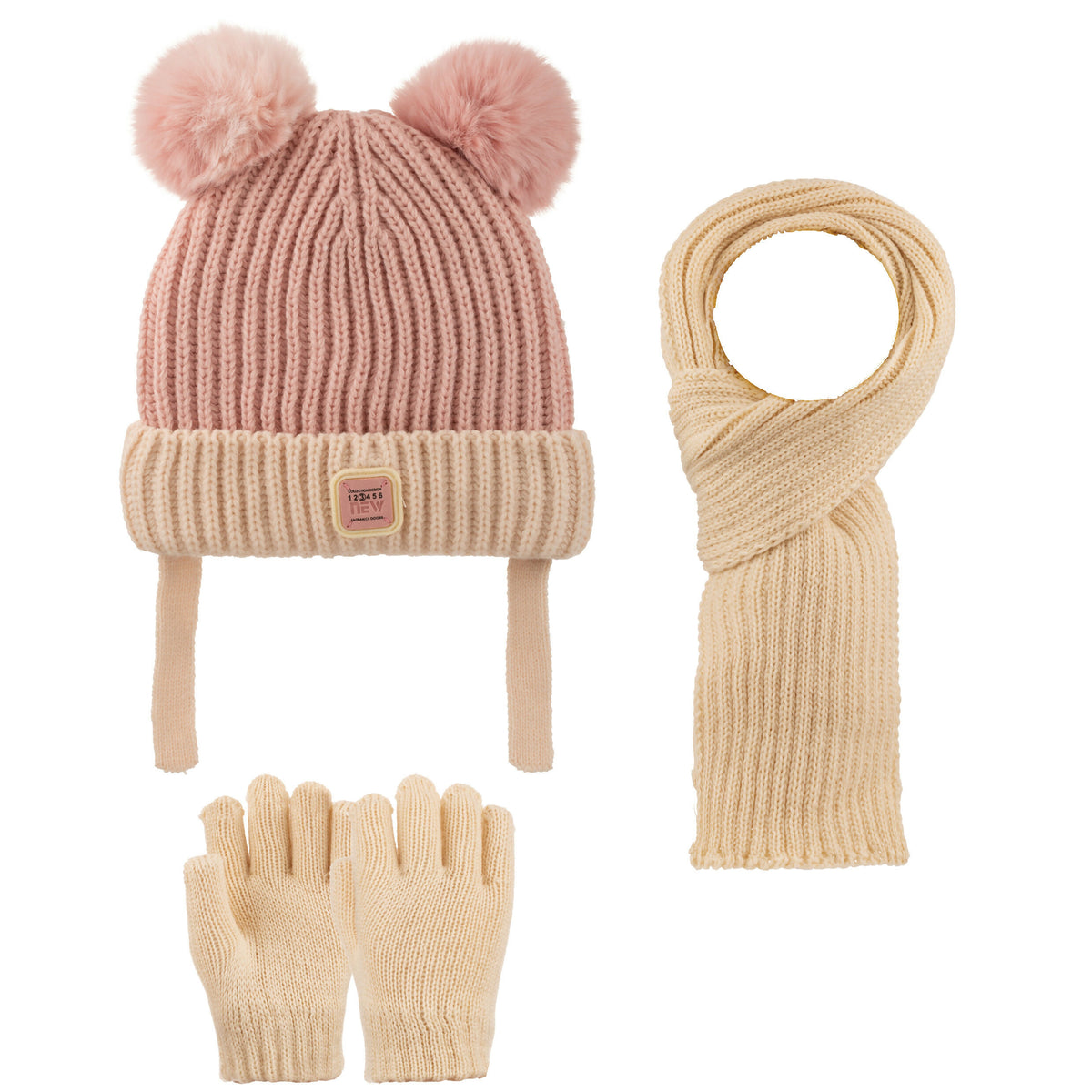 Girls Knitted Beanie 3 Piece Set-Beanie-Gloves-Scarf For Girls( 1-4 Years )
