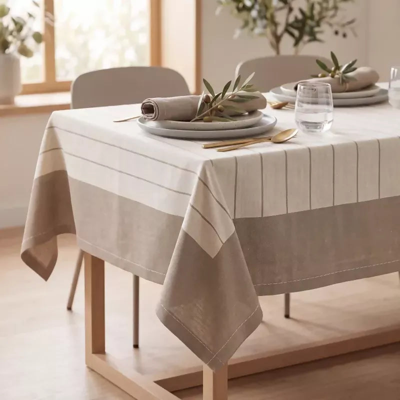 Warm Taupe & Ivory Striped Water-Repellent Turkish Cotton Tablecloth – Coastal & Timeless Style