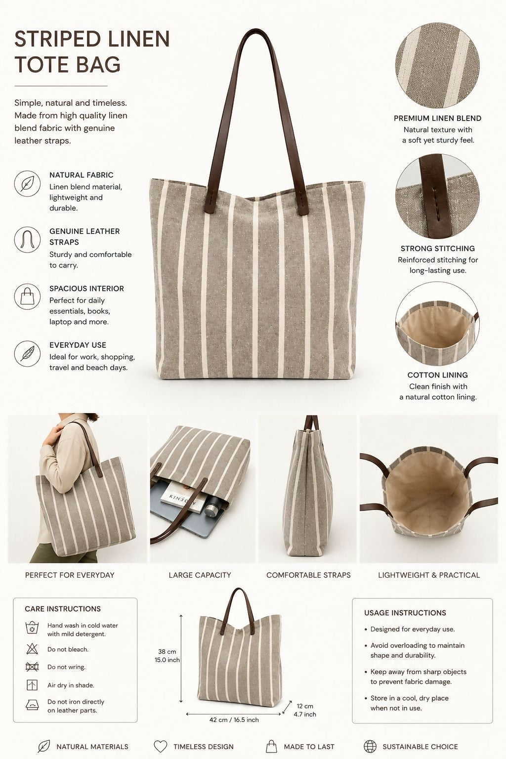 Large Striped Tote Bag for Beach, Travel & Everyday Use