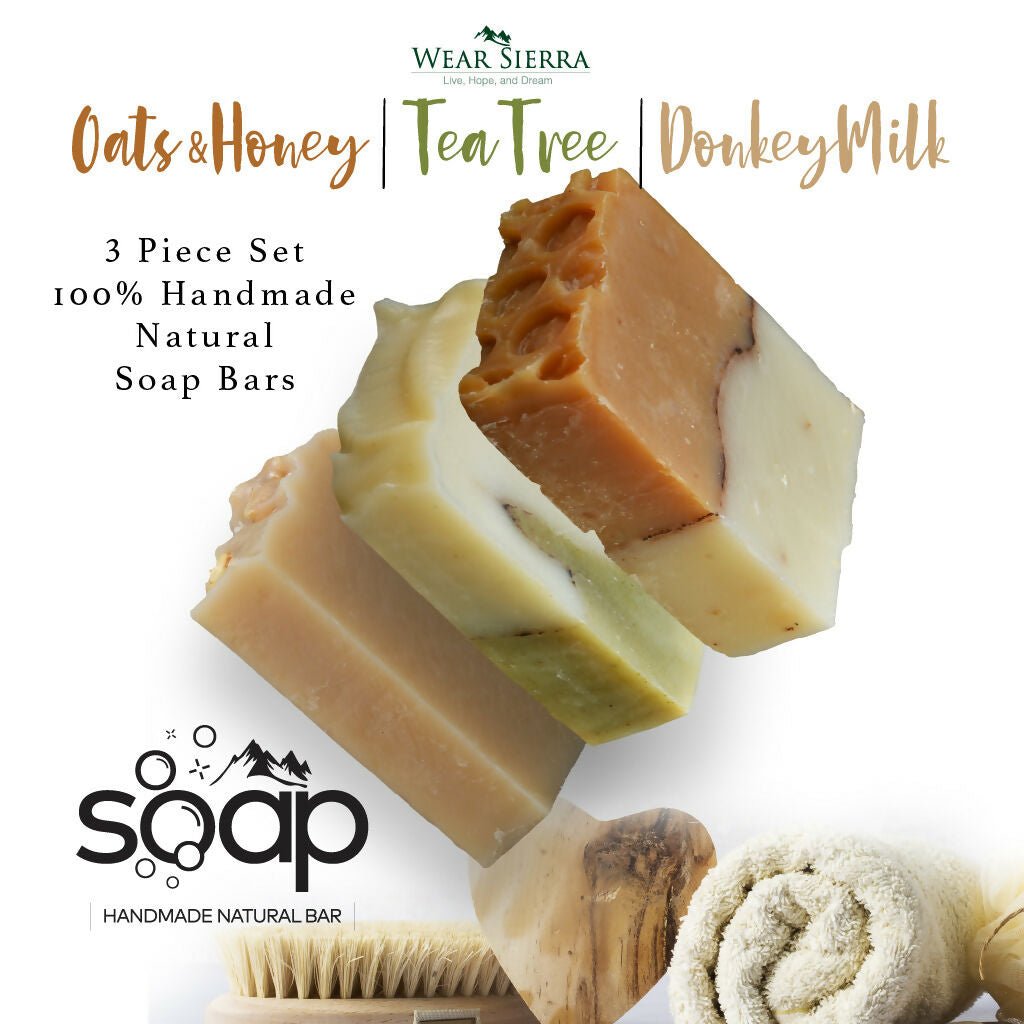 Natural Handmade Bar Soap 3-Pack Gift Box Oats and Honey, Tea Tree, Donkey Milk, Gift For Her, Gift For Mom - Wear Sierra