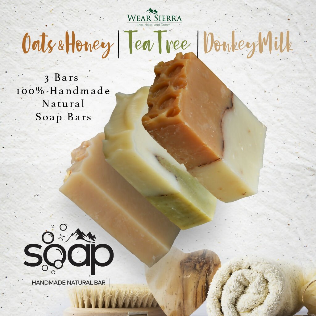 Natural Handmade Bar Soap 3-Pack Gift Box Oats and Honey, Tea Tree, Donkey Milk, Gift For Her, Gift For Mom - Wear Sierra