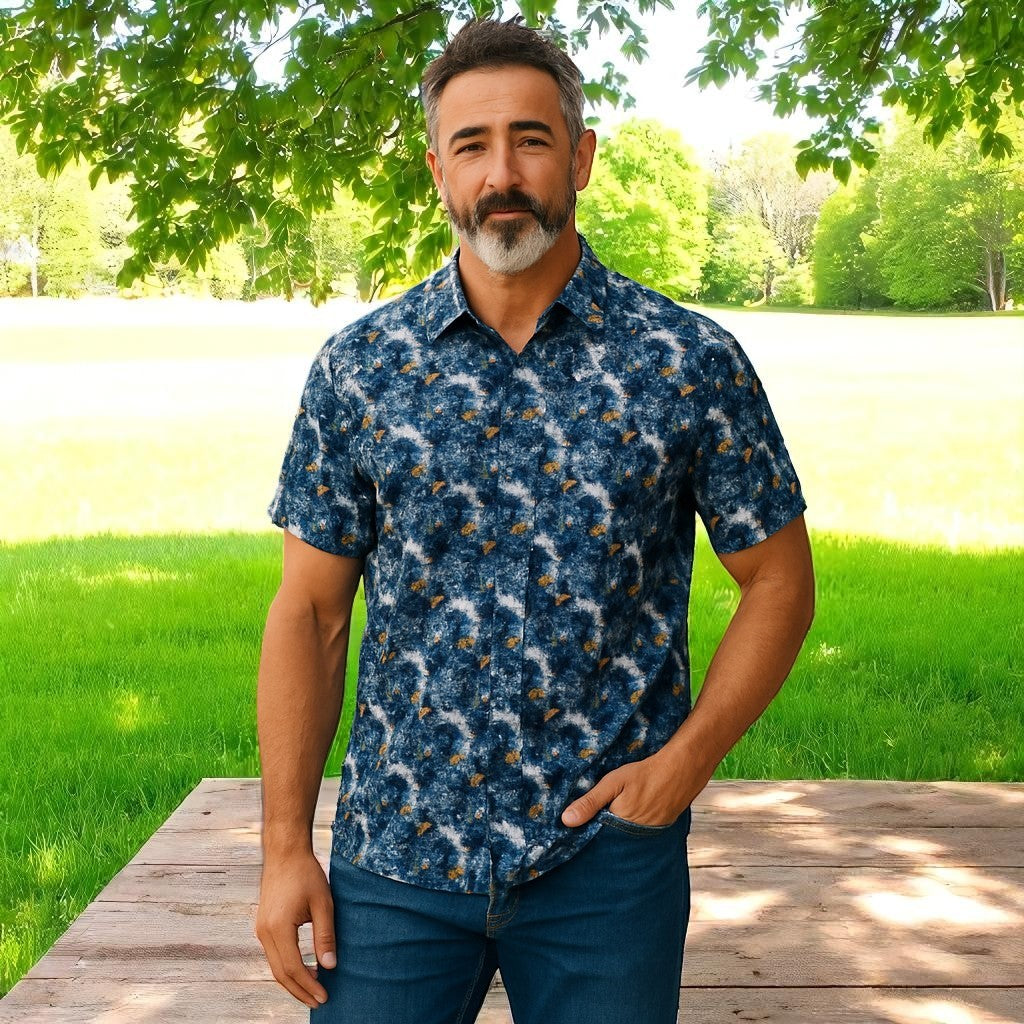 Wear Sierra Top Shelf Men's Cotton Short Sleeve Button Down Shirts Navy Abstract Pattern