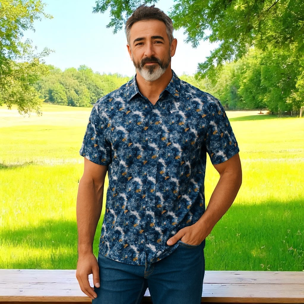 Wear Sierra Top Shelf Men's Cotton Short Sleeve Button Down Shirts Navy Abstract Pattern