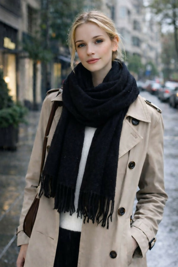 Women's Fringed Plush Scarf – Soft & Cozy Textured Wrap for Winter
