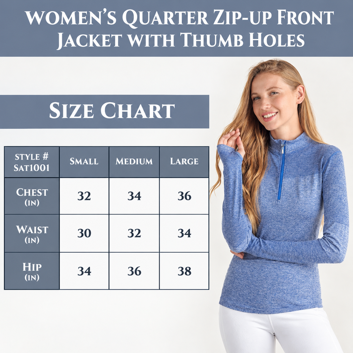Women's Blue Heathered Quarter-Zip Athletic Pullover with Thumbholes