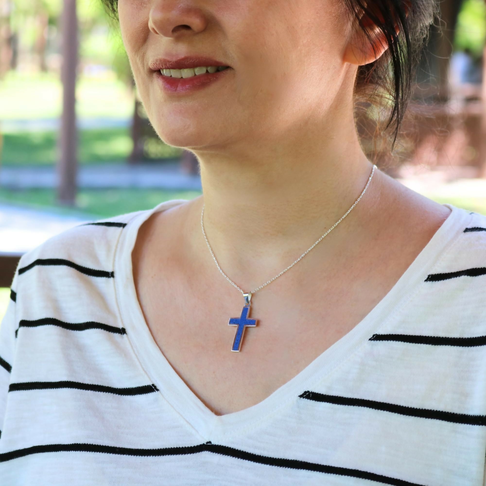Sterling Silver .925 Navy Blue Lapis Lazuli Cross Small Handmade Pendant Necklace for Women & Men with 18+2'' Extender Chain