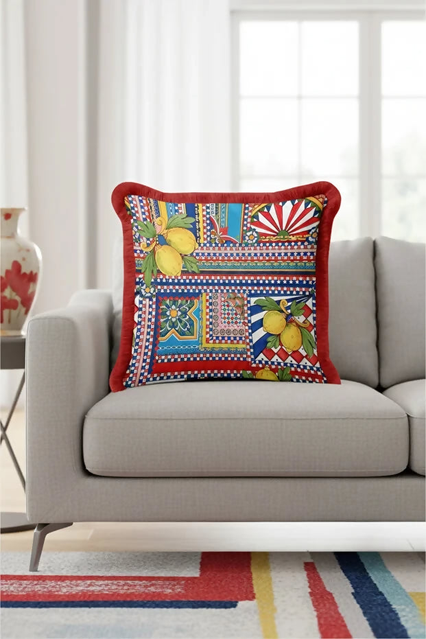 Throw Pillow Cover Set of 2 with Fringe and Tassels - Italian-Inspired Colorful Home Decor